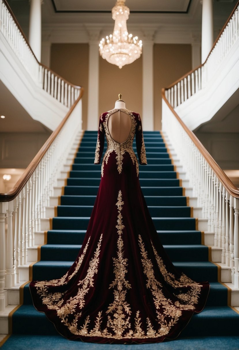 A deep marsala gown with gold embroidery cascades down a grand staircase, the rich fabric catching the light in a luxurious ballroom setting