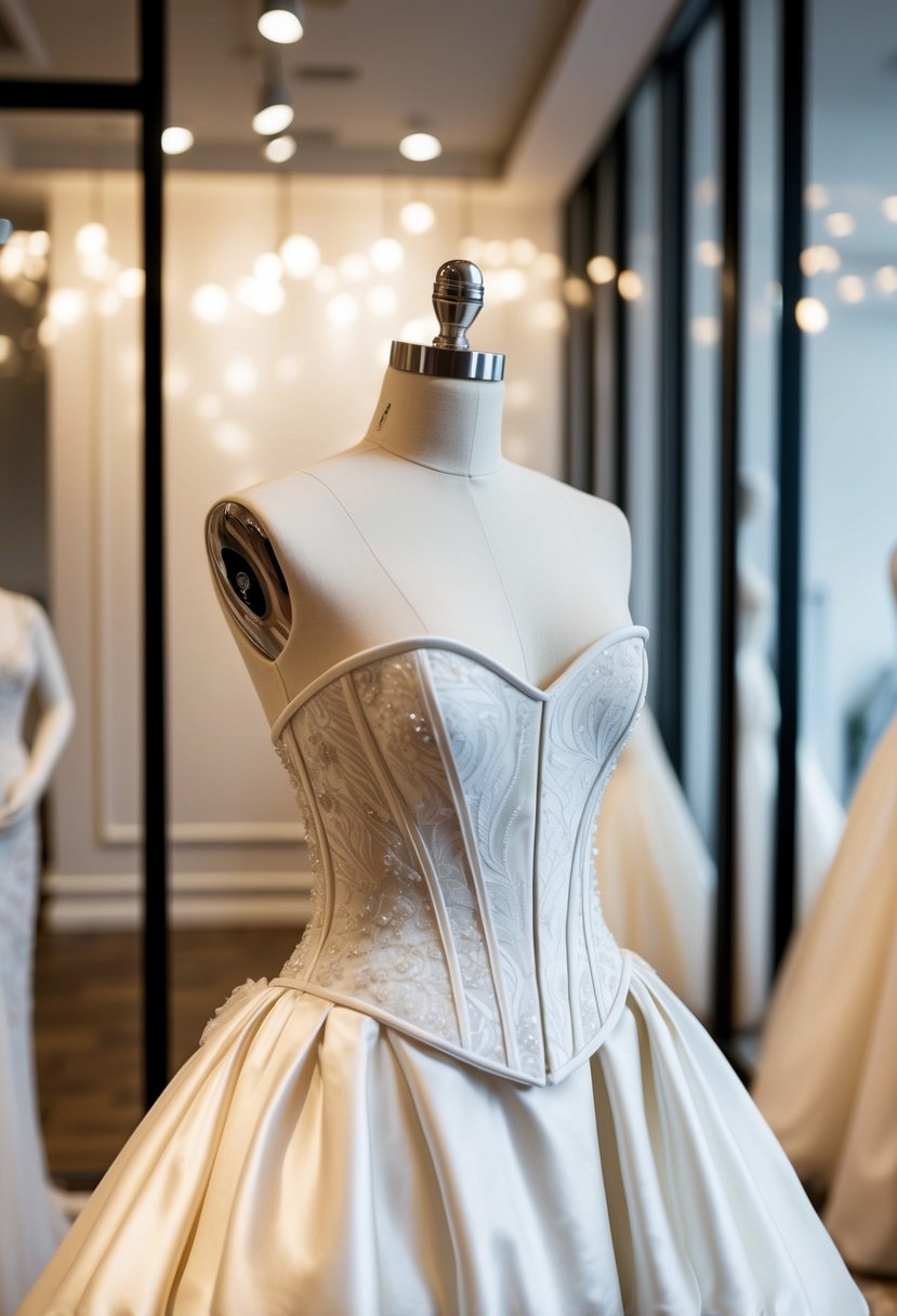 A sleek corset top wedding dress displayed on a mannequin in a modern bridal boutique