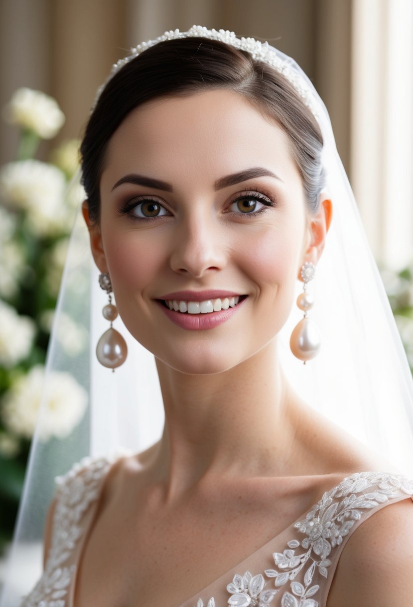 A round-faced bride wearing pearl drop earrings with a classic, elegant look for her wedding day