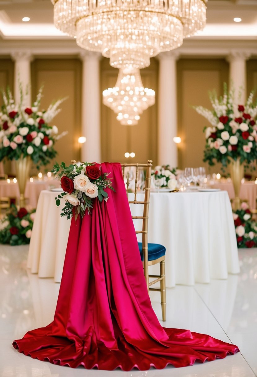 A grand ballroom with a sparkling chandelier, red taffeta ballgown draped over a chair, surrounded by lush floral arrangements and elegant decor