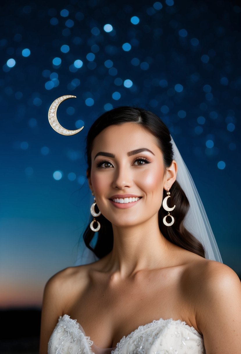 A round-faced bride wearing crescent moon earrings, standing under a starry night sky