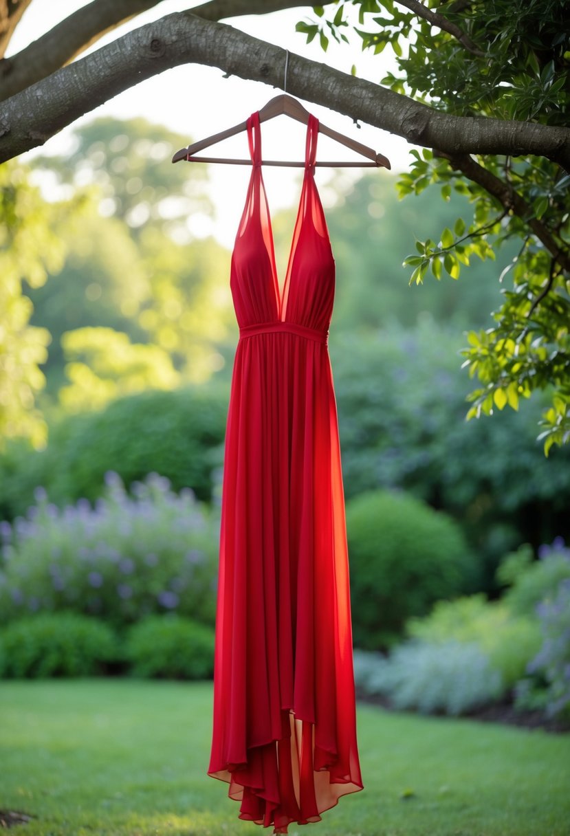 A flowing red chiffon halter dress hangs from a tree branch in a serene garden setting