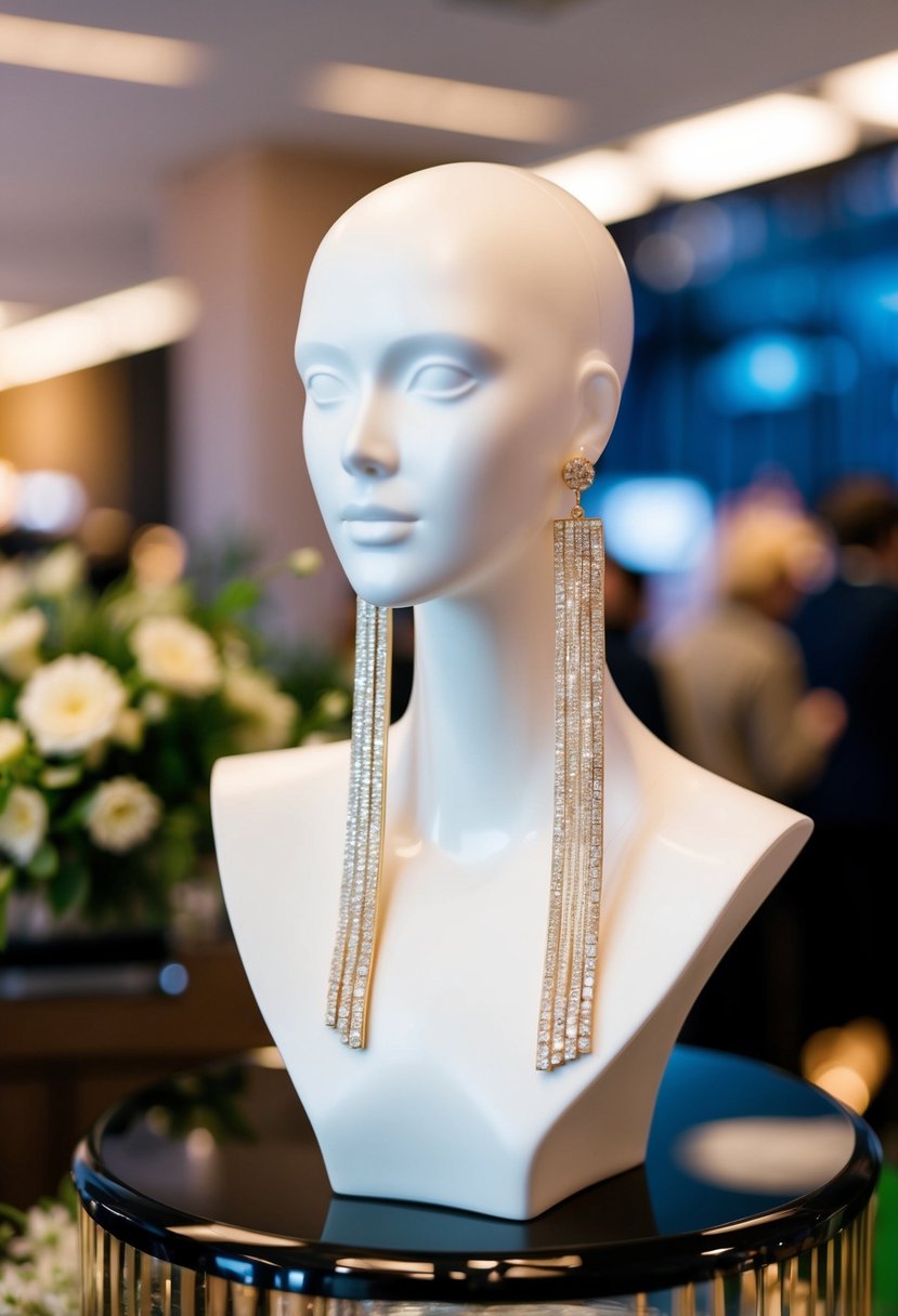 A round-faced mannequin wearing long, vertical statement earrings for a wedding