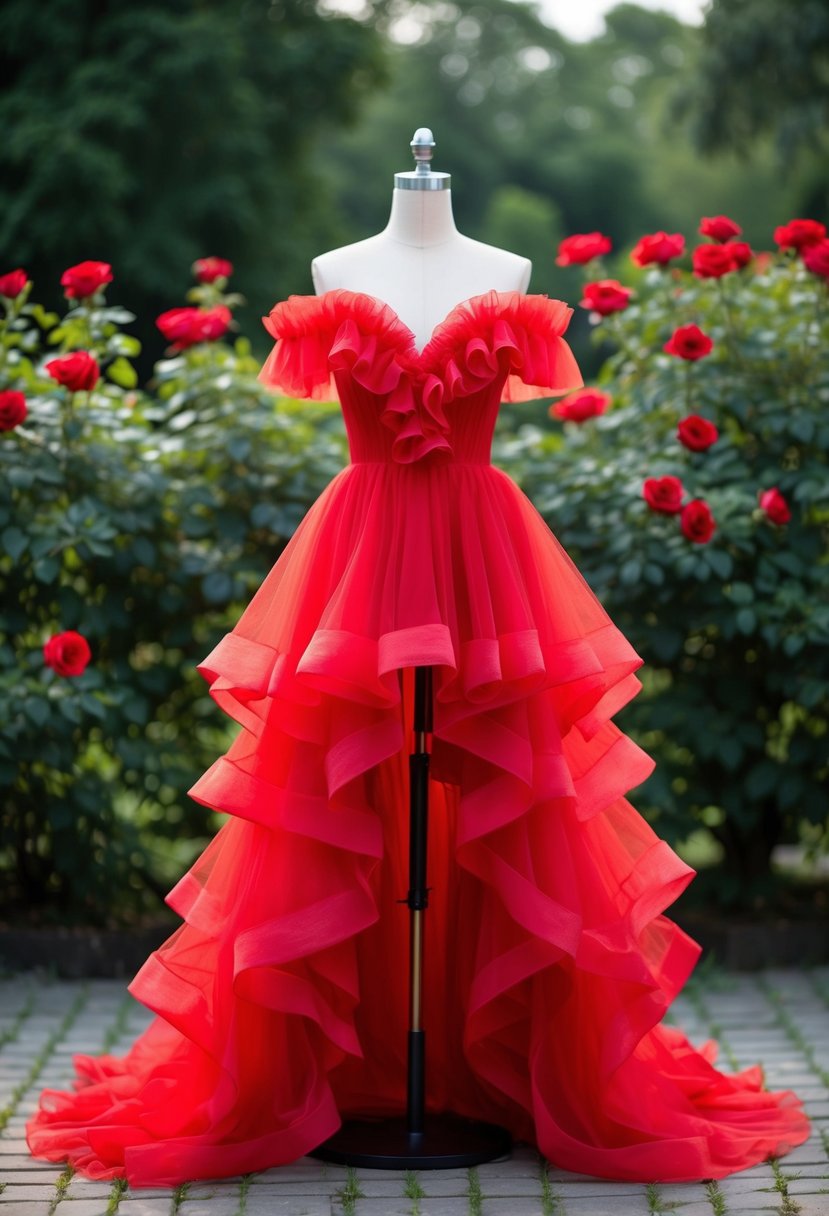 A ruffled red tulle high-low gown flowing in a gentle breeze against a backdrop of lush greenery and blooming red roses