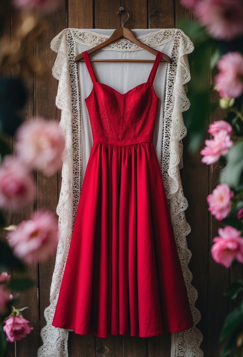 A vintage-style tea-length red dress hanging on a rustic wooden hanger, surrounded by delicate lace and floral accents