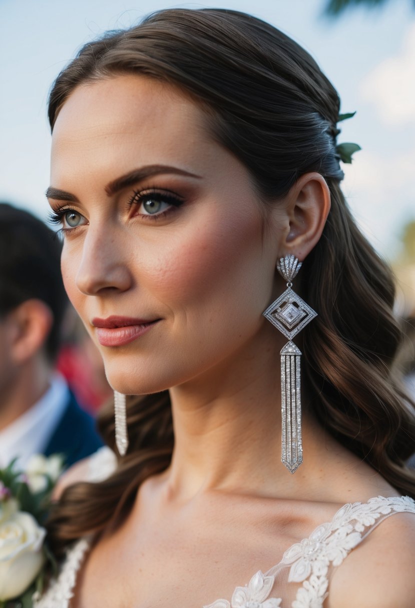 A round-faced woman wearing art deco long earrings at a wedding