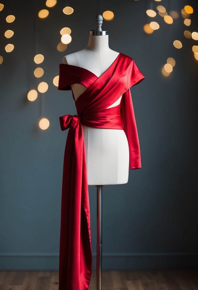 A scarlet silk wrap dress hangs off-the-shoulder on a mannequin, cascading to the floor in elegant folds