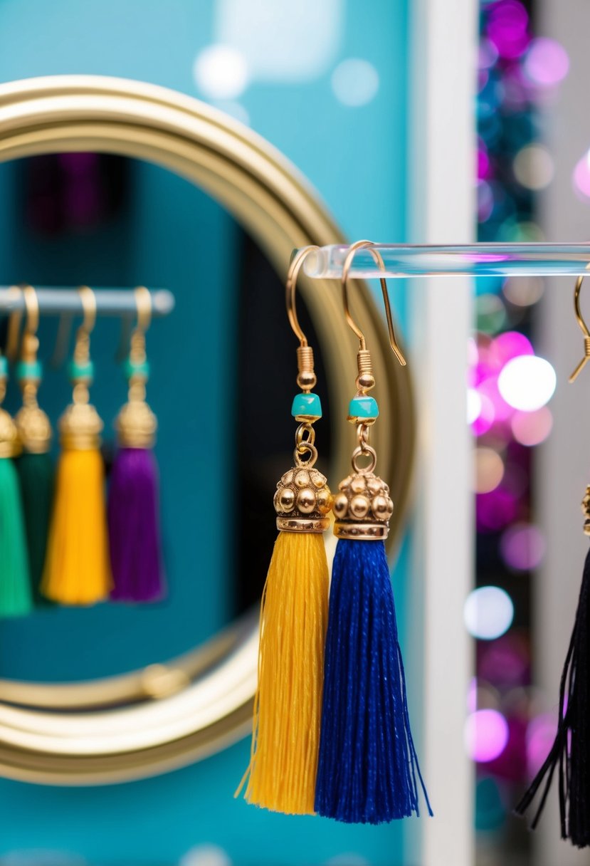 Colorful tassel earrings hanging from a display, with a round mirror in the background reflecting the earrings