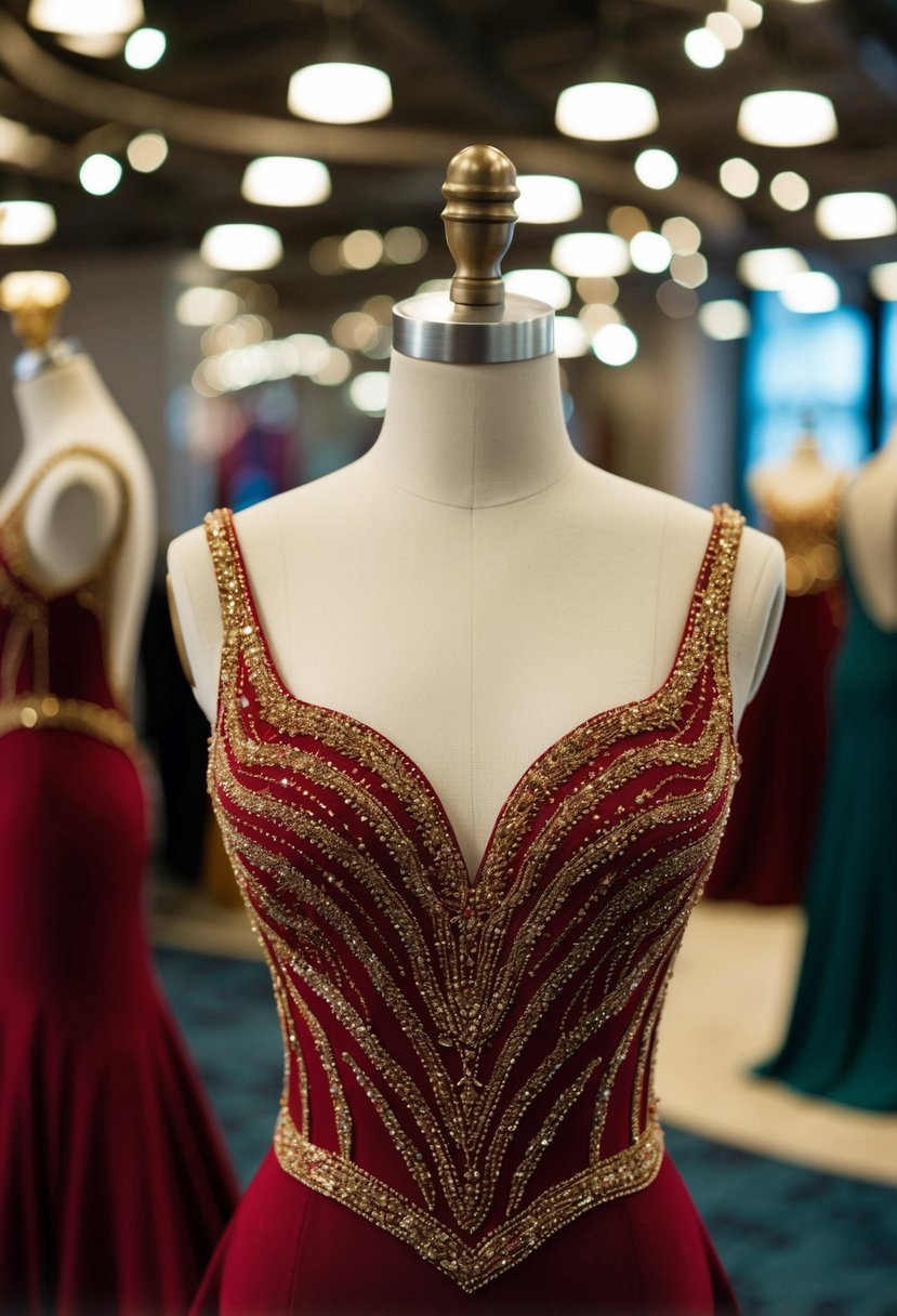 A regal red and gold beaded bodice gown displayed on a mannequin