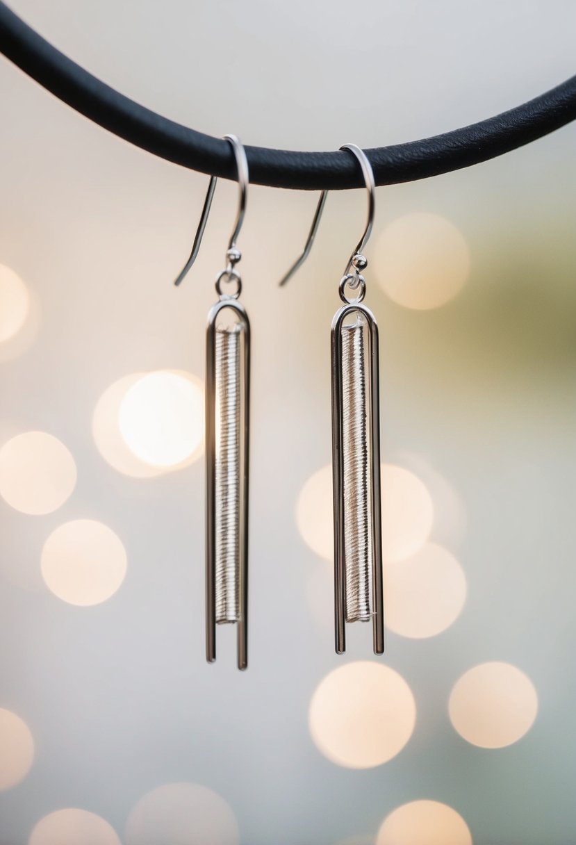 Two slim, metallic threader earrings suspended in mid-air, against a soft, round background, with a wedding theme