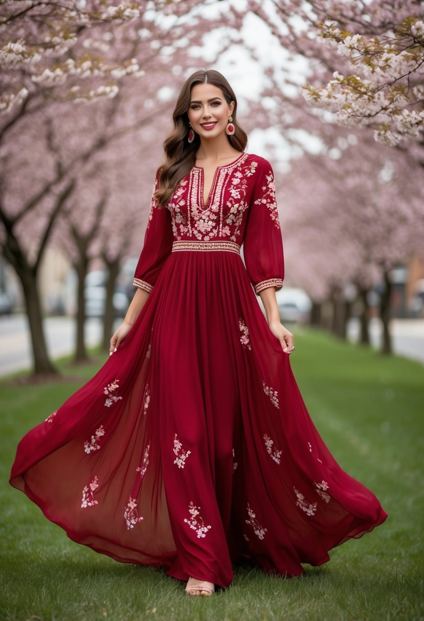 A flowing cherry red maxi dress with intricate bohemian embroidery and delicate cherry blossoms scattered throughout