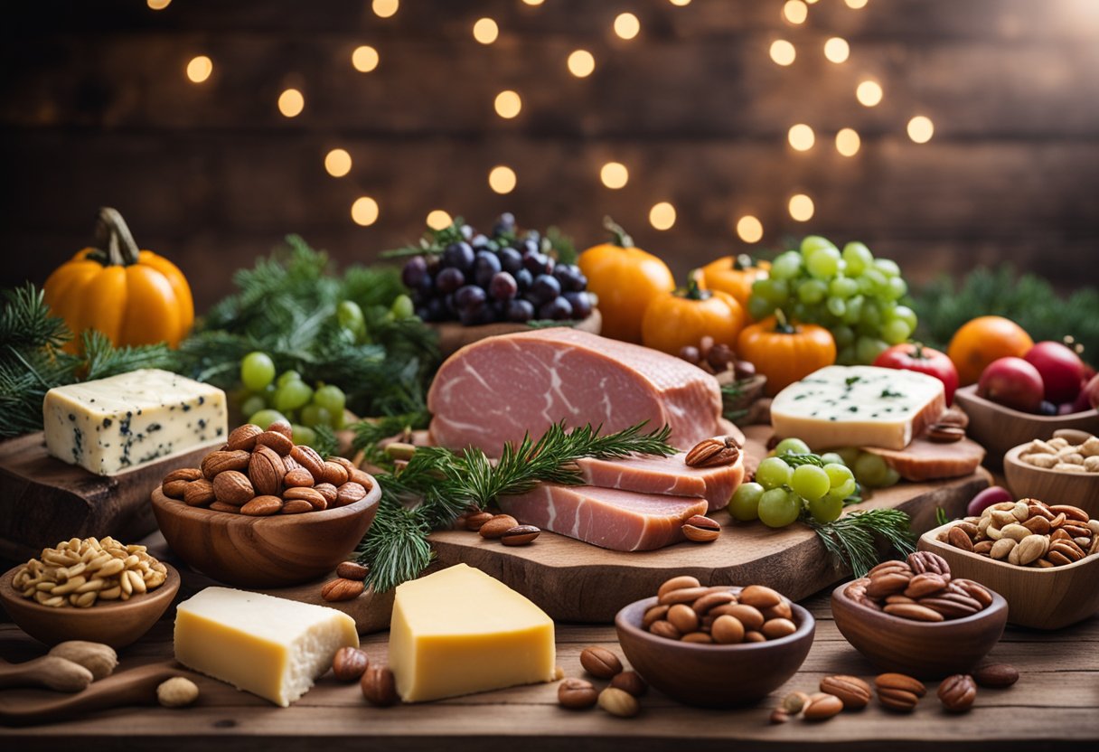 A festive market display featuring 20 keto-friendly holiday foods, including meats, cheeses, nuts, and vegetables, arranged on rustic wooden boards and decorated with seasonal greenery