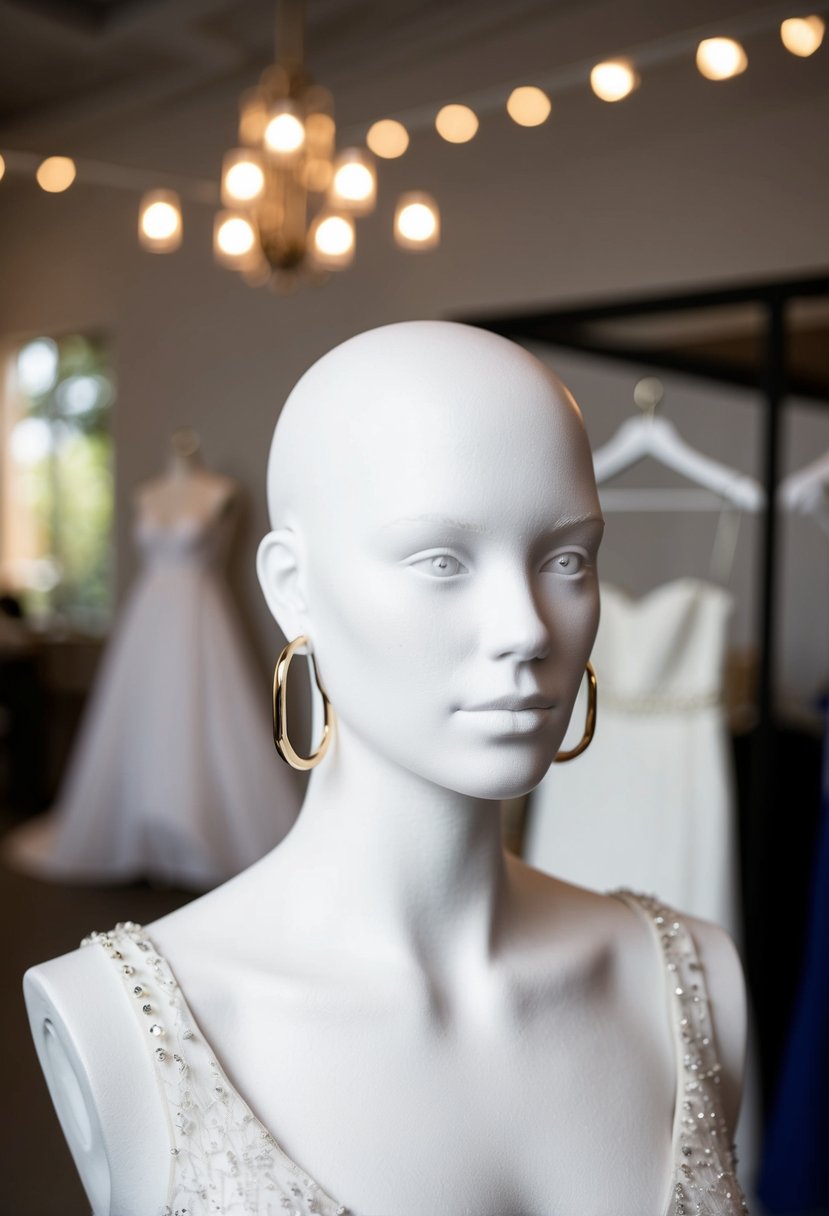 A round-faced mannequin wearing angular hoop earrings with a wedding dress in the background