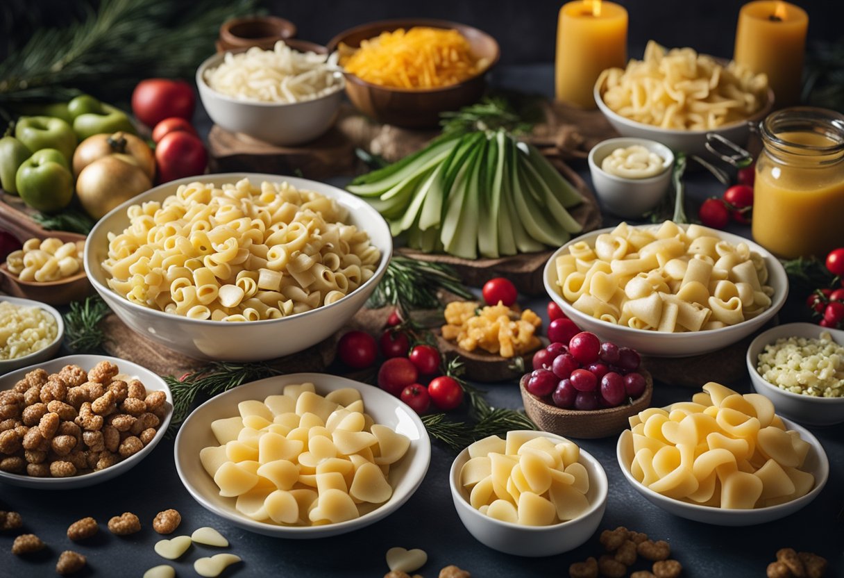 A festive table spread with a variety of keto-friendly holiday foods, including Natural Heaven Hearts of Palm Pastas, displayed in a market setting