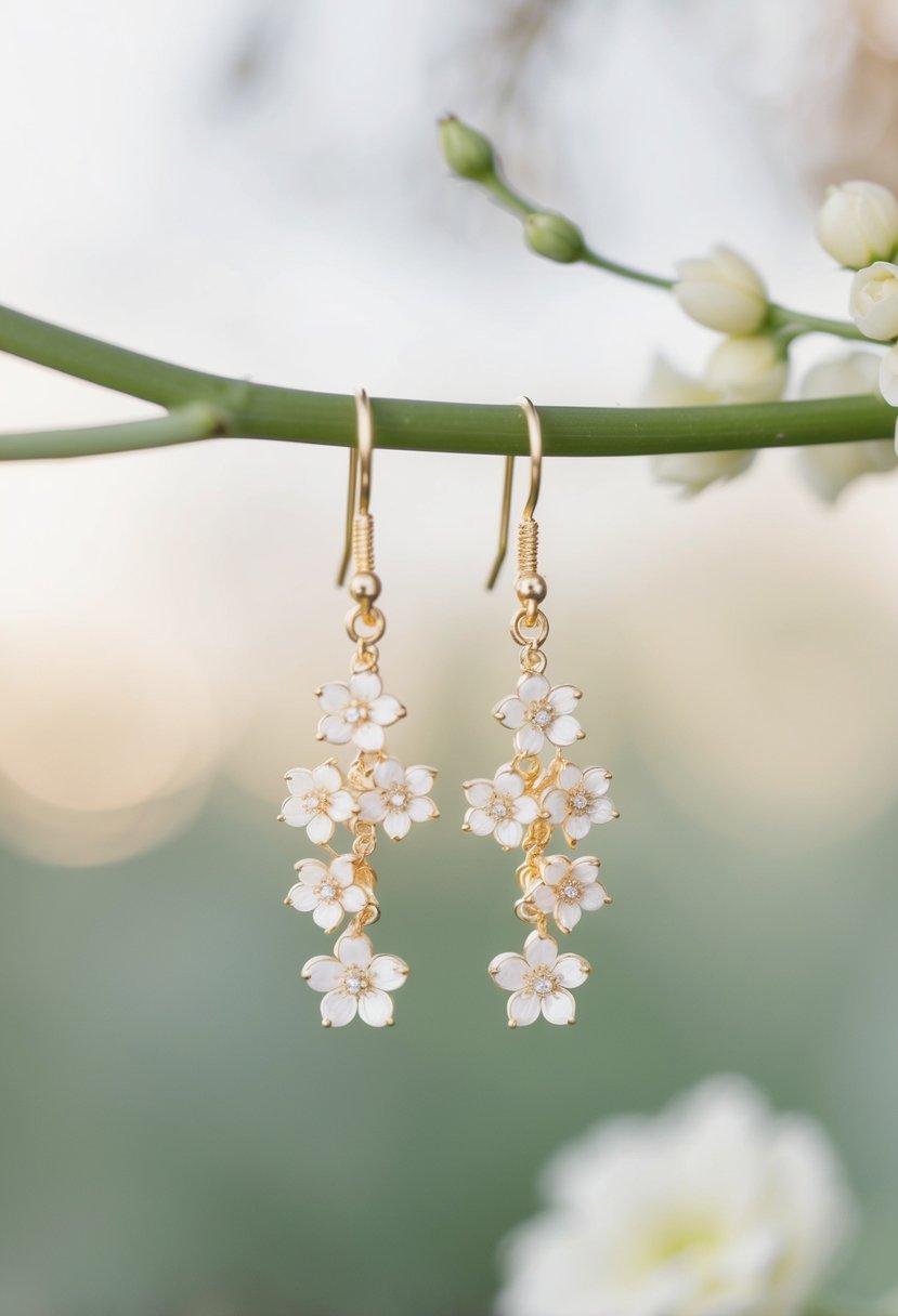 A pair of delicate floral dangle earrings hanging against a soft, romantic backdrop, perfect for a round-faced bride's wedding day