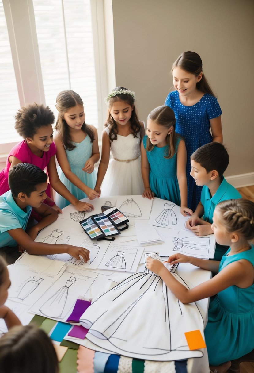 A group of kids, aged 9 and 10, are gathered around a table covered in wedding dress sketches and fabric swatches, eagerly discussing and brainstorming ideas for their ideal wedding dress designs