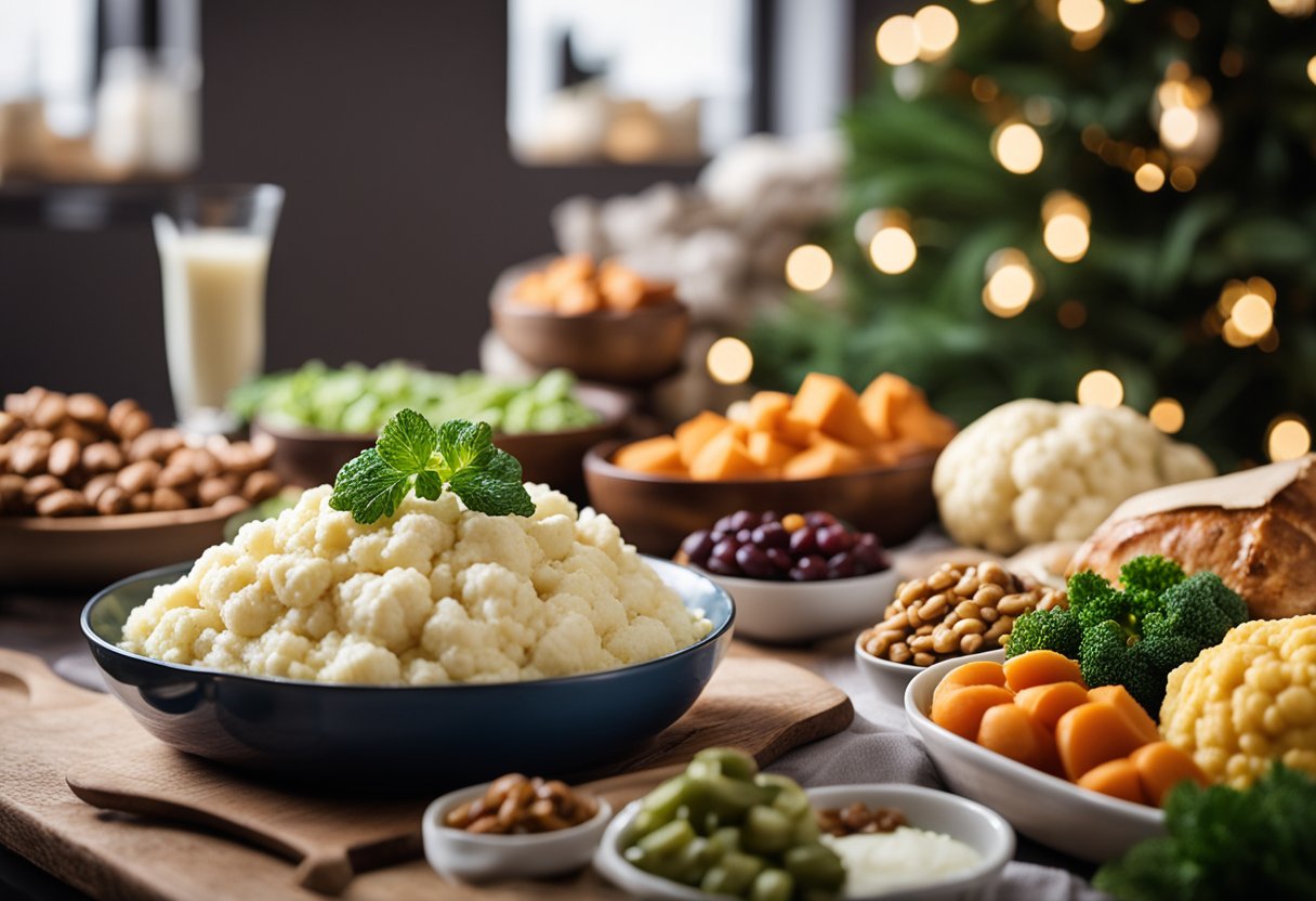 A festive holiday table with a platter of cauliflower "mashed potatoes" surrounded by other keto-friendly market foods