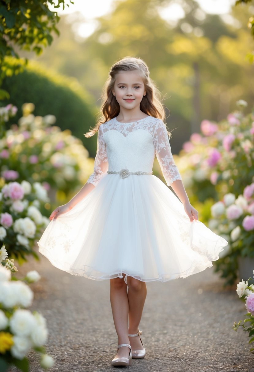 A young girl twirls in a floral lace 3/4 sleeves dress, surrounded by blooming flowers and a soft, romantic ambiance, perfect for a wedding