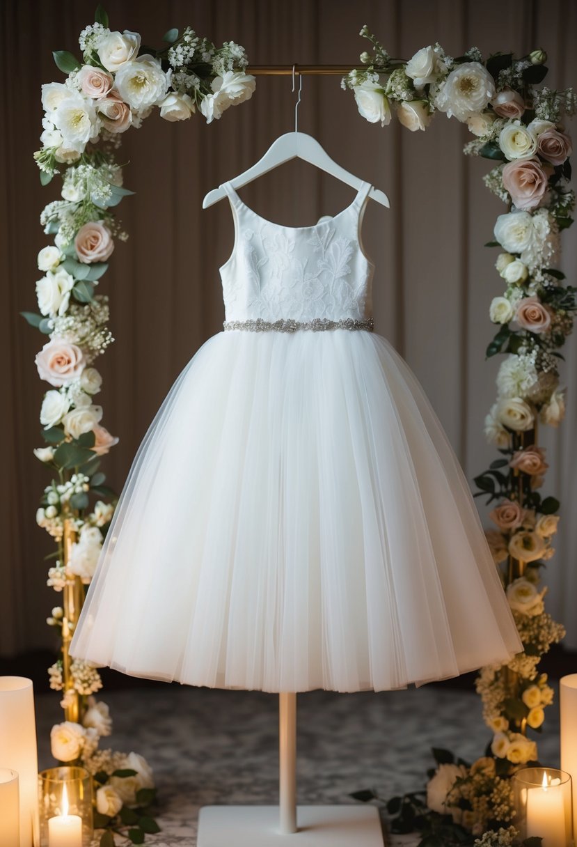 A white tulle flower girl gown hangs on a dress form, surrounded by floral wedding decor and soft, romantic lighting