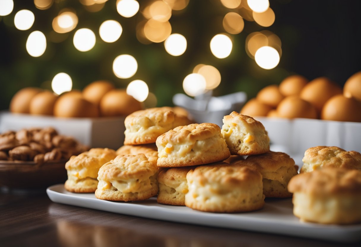 A festive holiday market display of keto cheddar biscuits