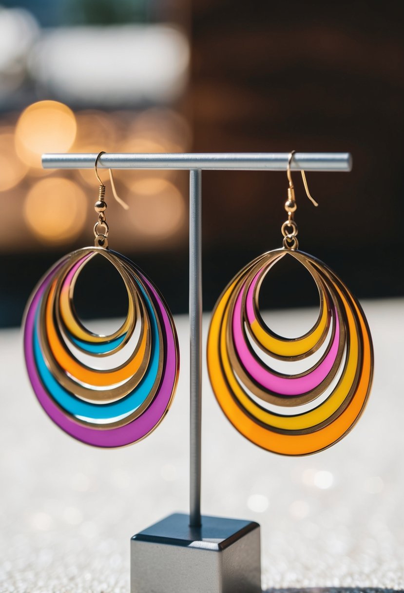 Two colorful, mismatched dangle earrings hanging from a jewelry stand, casting playful shadows