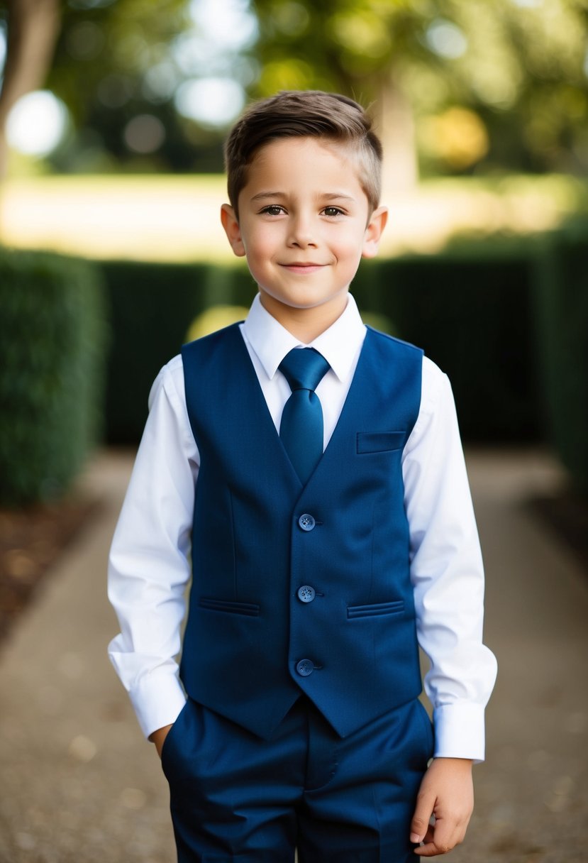 A young boy in a navy waistcoat and matching trousers, with a crisp white shirt and coordinating tie. He stands confidently, ready for a special occasion