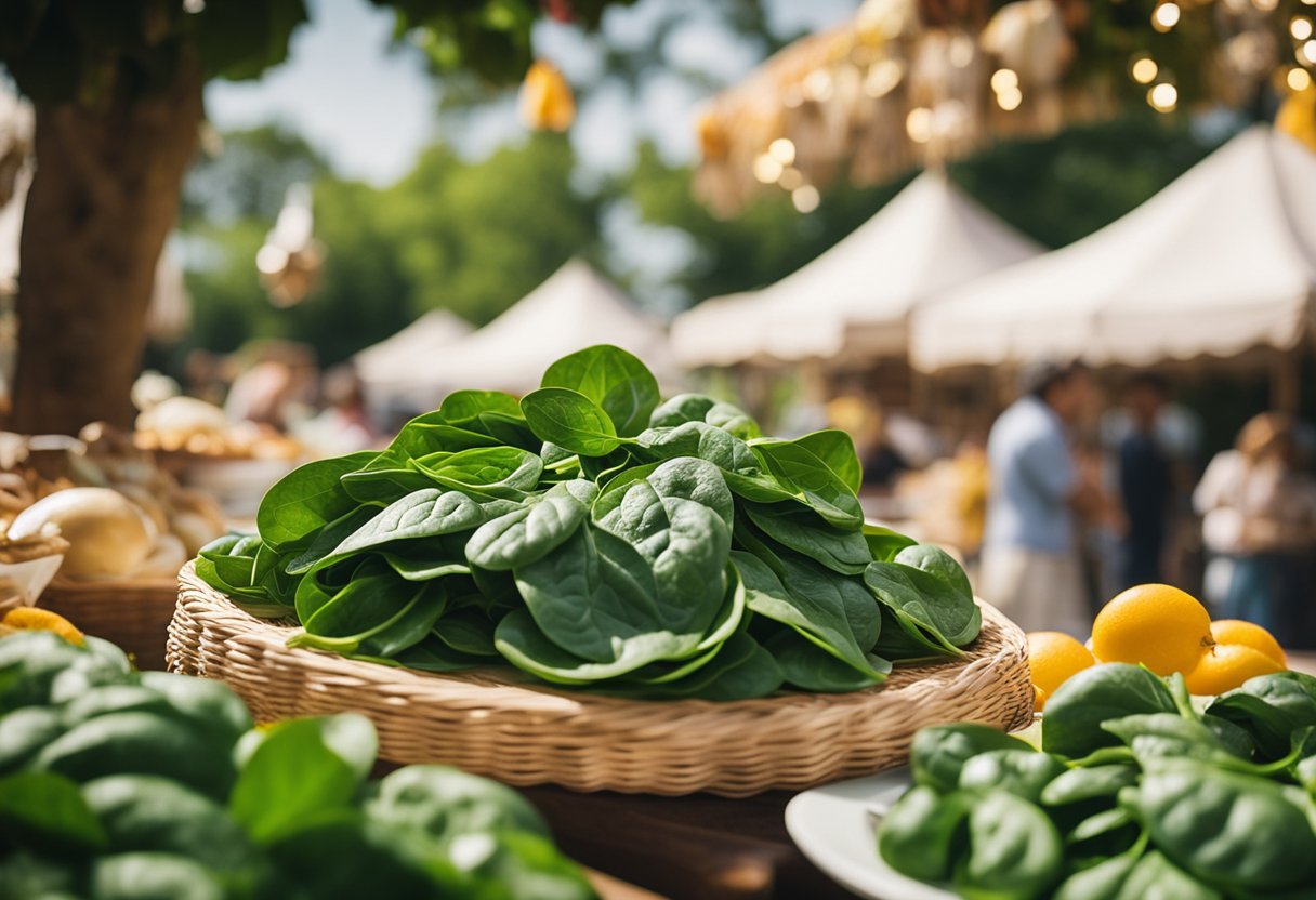 A festive market stall displays a platter of creamy spinach, surrounded by vibrant green leaves and festive decorations