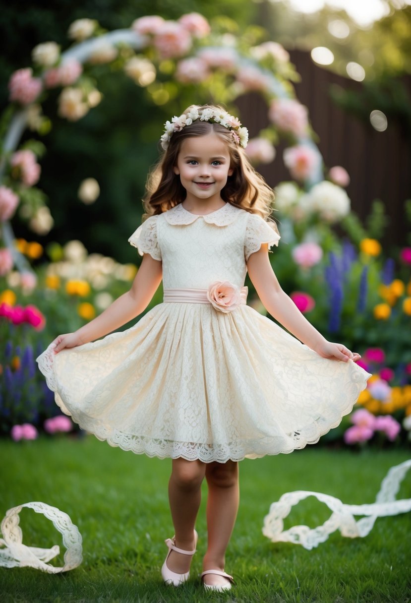 A young girl twirls in a vintage lace dress, surrounded by flowers and lace ribbons, with a whimsical garden as a backdrop