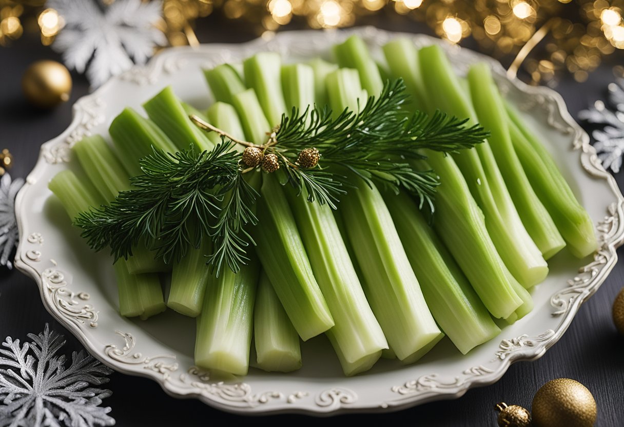 A platter of braised celery surrounded by festive holiday decorations