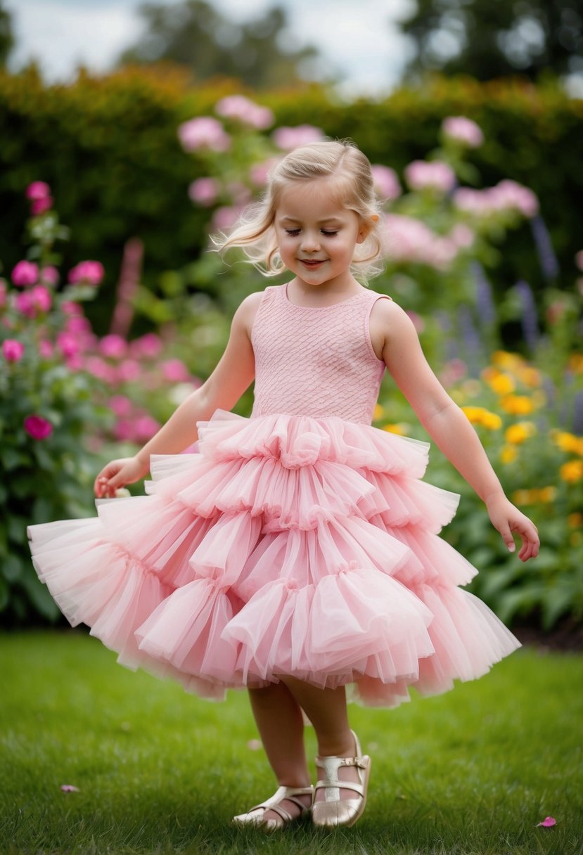 A young girl twirls in a pink ruffled tulle dress, the fabric billowing around her as she plays in a garden, surrounded by blooming flowers