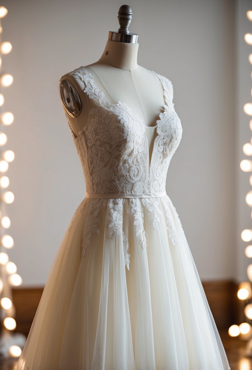 An elegant ivory wedding dress displayed on a mannequin, surrounded by soft, romantic lighting and delicate lace details