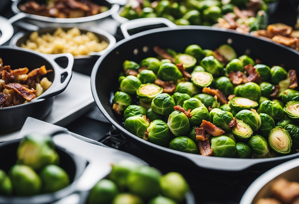 A sizzling skillet of Brussels sprouts, garlic, and bacon on display at a festive holiday market