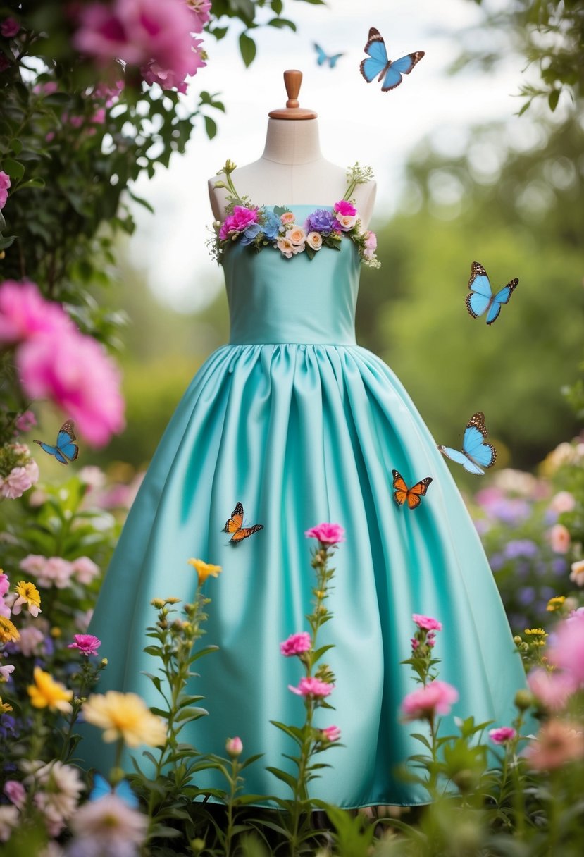 A whimsical garden-themed satin dress surrounded by blooming flowers and fluttering butterflies