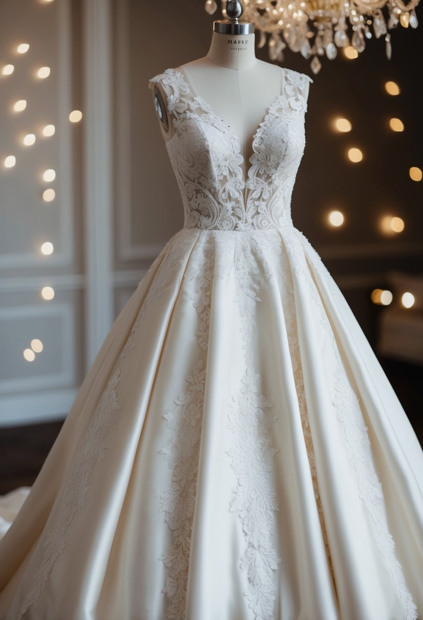 An ivory wedding dress with intricate lace detailing cascading down the bodice and flowing into a full, elegant skirt