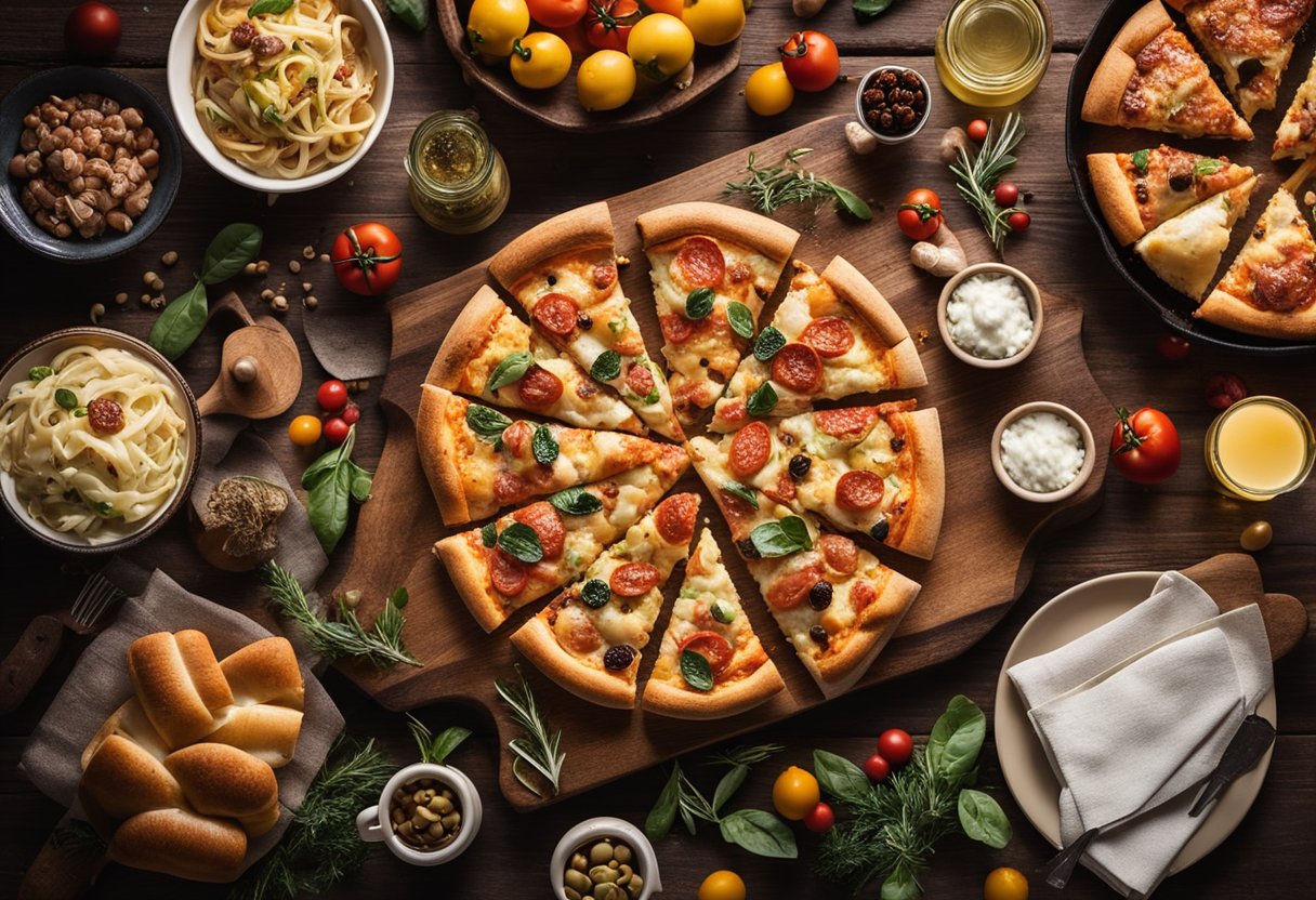 A rustic wooden table with a platter of Keto-Friendly Pizza Pull-Apart Bread surrounded by festive holiday market foods