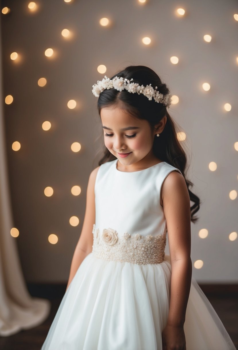 A young girl tries on a customisable handmade dress, imagining herself as a flower girl at a wedding