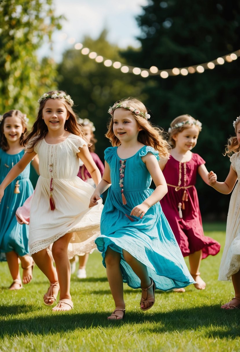 A group of children in bohemian-style dresses playfully dance and twirl at a whimsical outdoor wedding