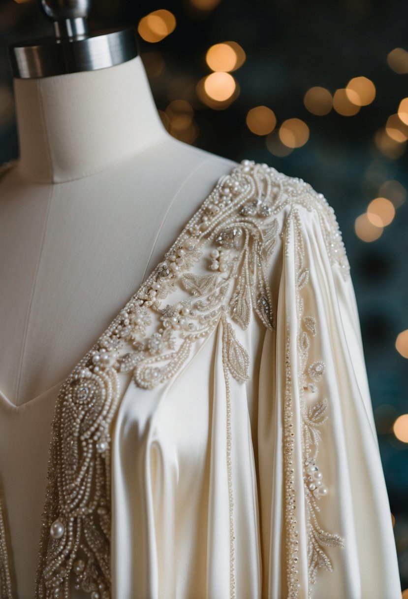 A delicate ivory wedding dress with intricate vintage-inspired beadwork drapes over a satin mannequin