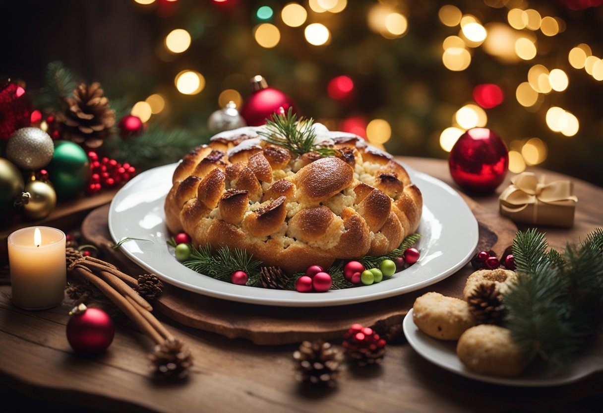 A rustic wooden table set with a platter of LC-Seasoned Bread Stuffing surrounded by festive holiday decorations