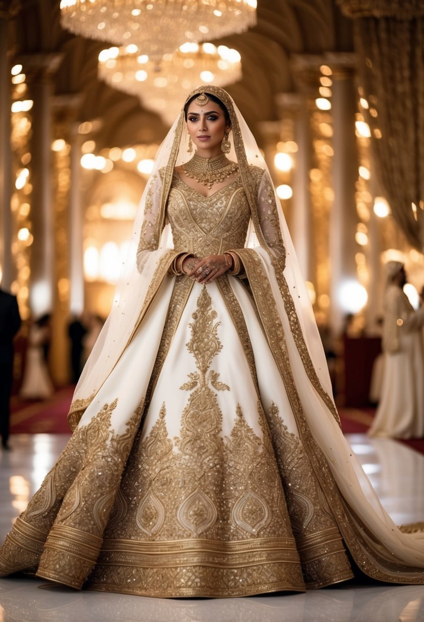 A regal Arab wedding dress adorned with intricate gold embroidery and flowing layers of luxurious fabric