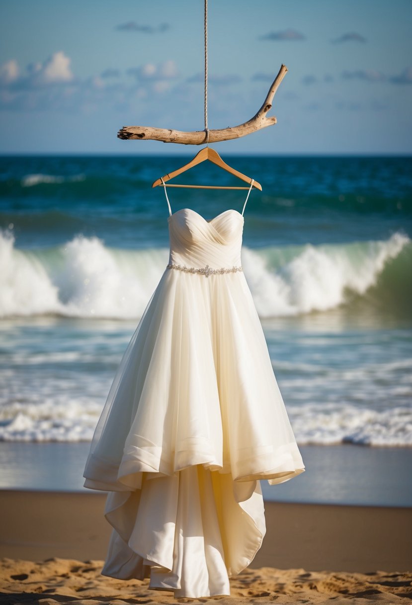 A flowing ivory wedding dress hangs on a driftwood hanger against a backdrop of gently crashing ocean waves and golden sand