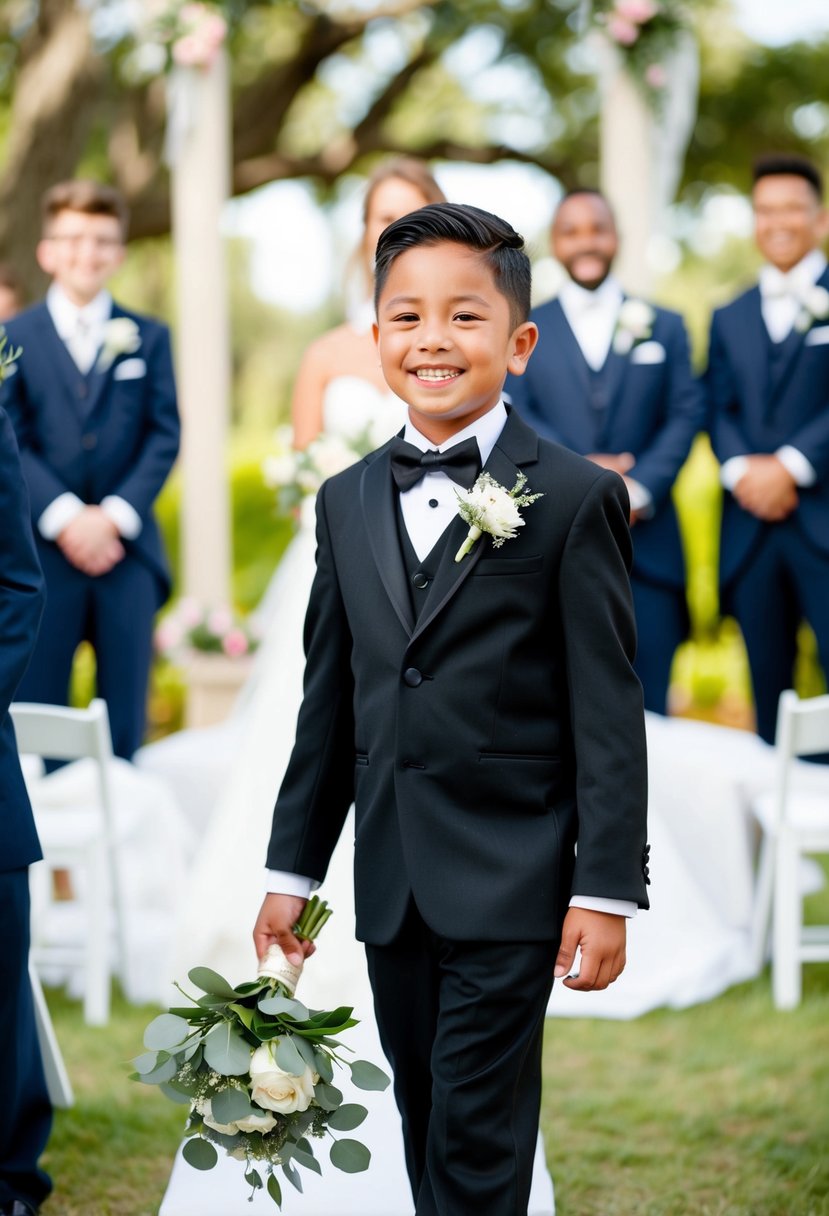 A young boy in a classic black suit stands at a wedding, with a bouquet in hand and a joyful smile on his face