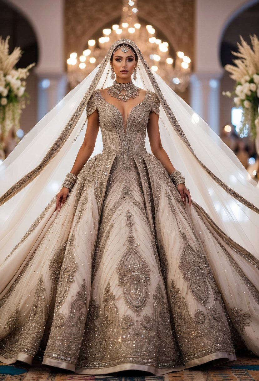 A lavish ballgown with intricate beading, flowing fabric, and ornate details inspired by Arab wedding traditions