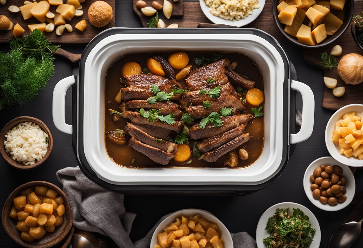 A slow cooker filled with juicy brisket surrounded by keto-friendly holiday market foods