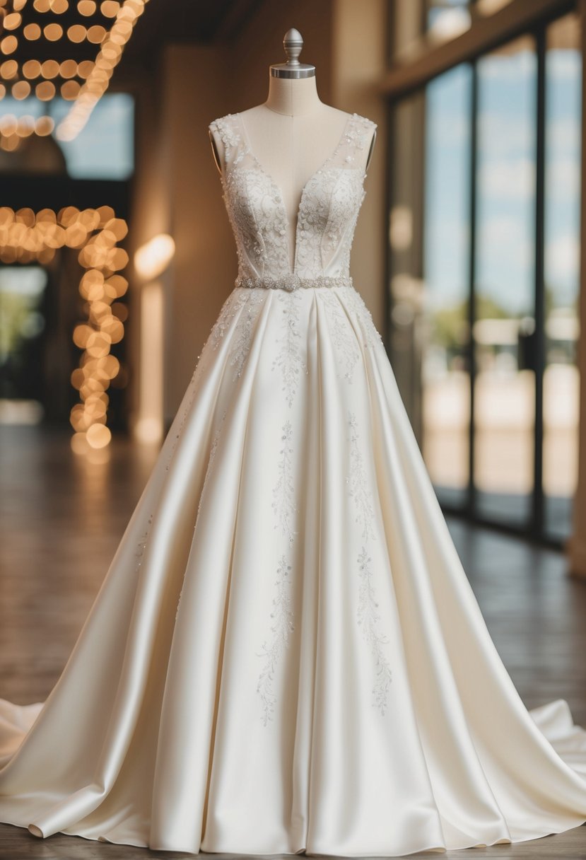 A flowing ivory wedding dress with a satin finish, adorned with delicate lace and sparkling embellishments