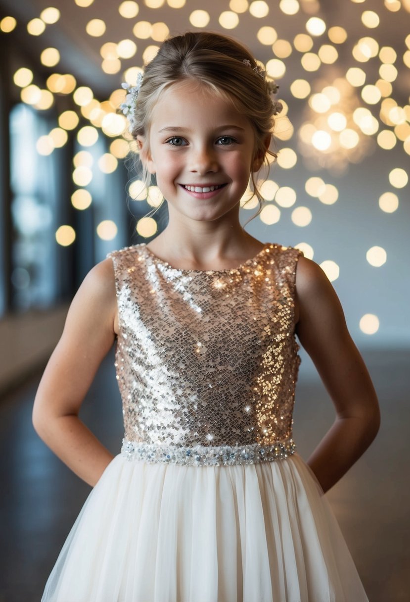 A sparkling sequin bodice dress for kids aged 9-10, perfect for a wedding, with shimmering sequins catching the light, creating a dazzling and elegant look