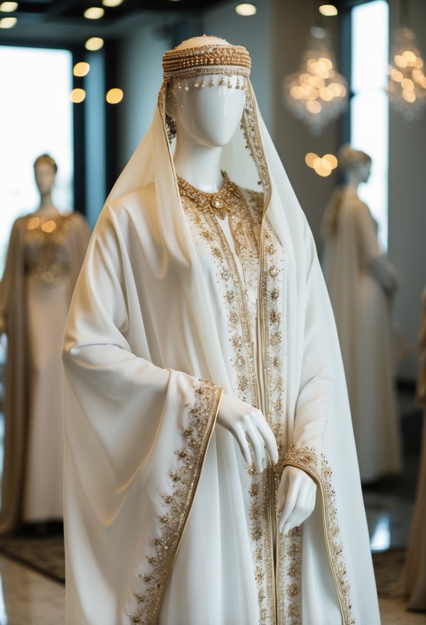 An ornate, flowing abaya in white and gold, adorned with intricate embroidery and delicate beading, drapes gracefully over a mannequin