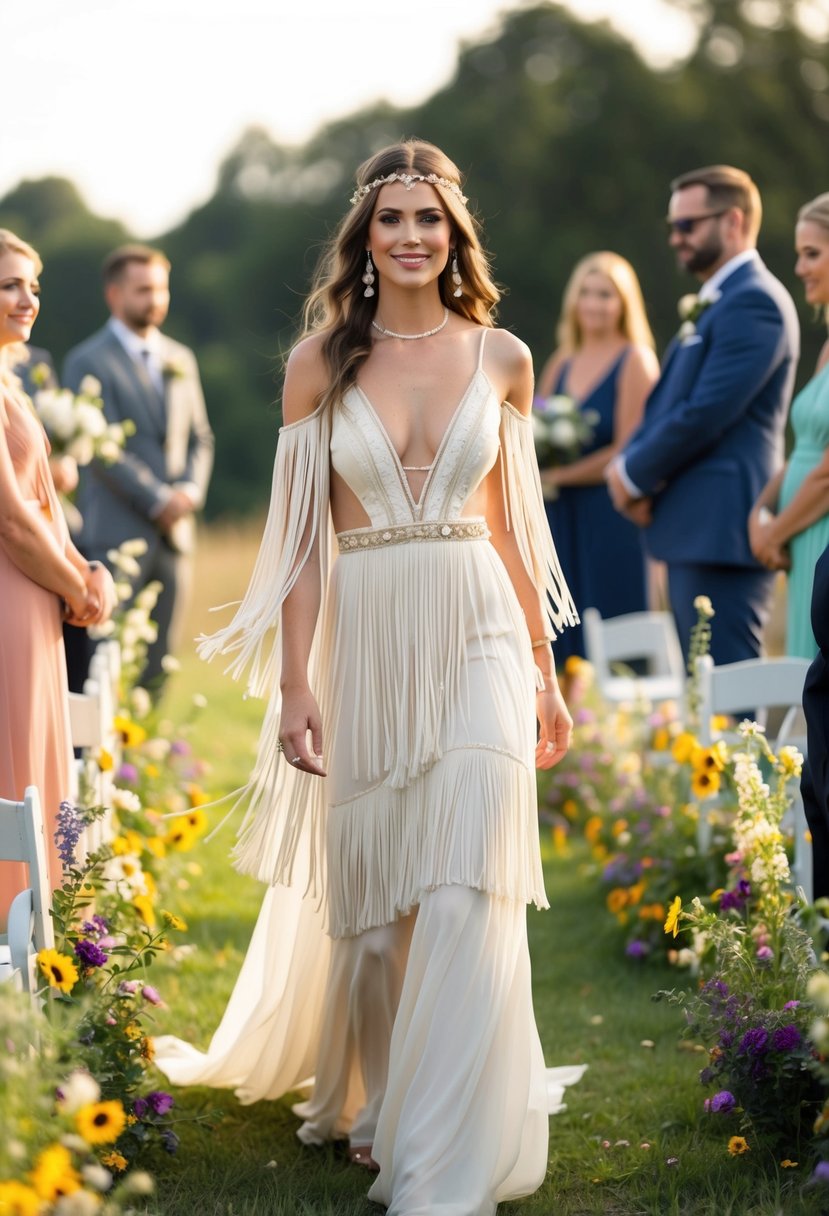 An outdoor wedding ceremony with a boho chic ivory dress adorned with fringe accents, surrounded by wildflowers and flowing fabric