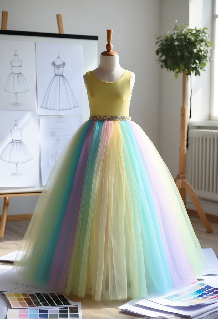 A pastel rainbow tulle gown draped over a child-size mannequin, surrounded by sketches and fabric swatches, in a sunny studio