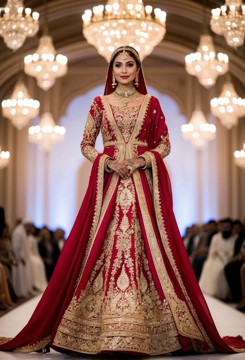 A regal kaftan dress adorned with intricate gold embroidery, flowing silk fabric, and ornate jewel embellishments, fit for a royal Arabian wedding